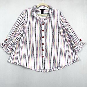 Ali Miles Top Women 1X Tunic Roll Tab Sleeve Artsy Rainbow Button Up Wire Collar